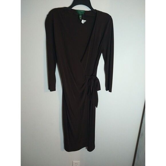 Lauren Ralph Lauren Wrap Vneck Midi Length Long Sleeve Dress 6 Brown Classic - Picture 1 of 8